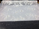 Floral Embroided 3D Fabric with small Pearl Decor - Ivory - Beautiful Fabrics Sold by The Yard