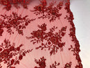 Floral Embroided 3D Fabric with small Pearl Decor - Red - Beautiful Fabrics Sold by The Yard