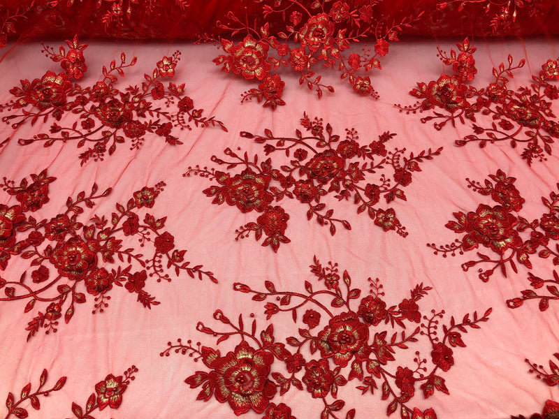 Floral Embroided 3D Fabric with small Pearl Decor - Red - Beautiful Fabrics Sold by The Yard