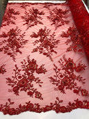Floral Embroided 3D Fabric with small Pearl Decor - Red - Beautiful Fabrics Sold by The Yard
