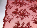 Floral Embroided 3D Fabric with small Pearl Decor - Red - Beautiful Fabrics Sold by The Yard