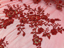 Floral Embroided 3D Fabric with small Pearl Decor - Red - Beautiful Fabrics Sold by The Yard