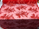 Floral Embroided 3D Fabric with small Pearl Decor - Red - Beautiful Fabrics Sold by The Yard
