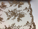 Floral Embroided 3D Fabric with small Pearl Decor - Coffee - Beautiful Fabrics Sold by The Yard