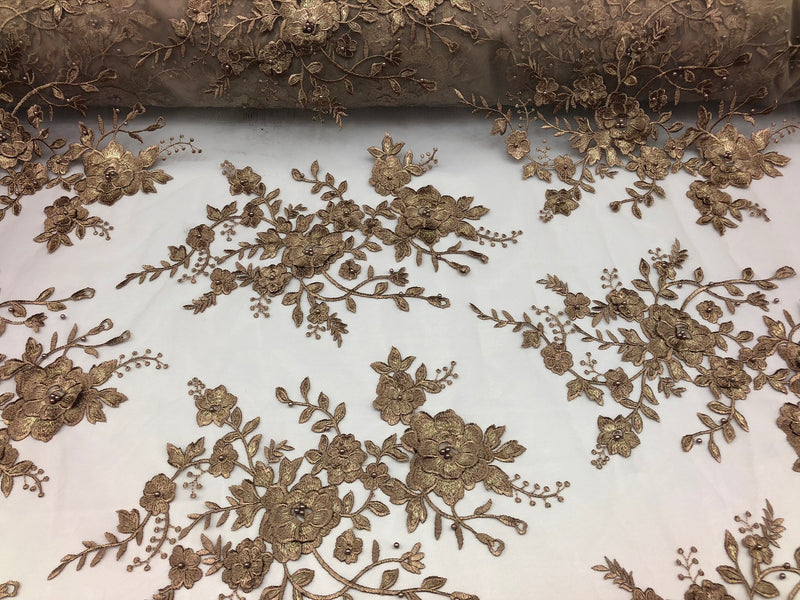 Floral Embroided 3D Fabric with small Pearl Decor - Coffee - Beautiful Fabrics Sold by The Yard