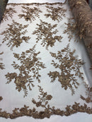 Floral Embroided 3D Fabric with small Pearl Decor - Coffee - Beautiful Fabrics Sold by The Yard