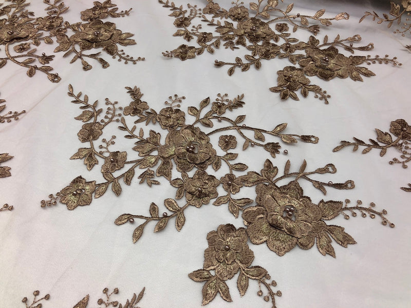 Floral Embroided 3D Fabric with small Pearl Decor - Coffee - Beautiful Fabrics Sold by The Yard