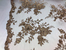 Floral Embroided 3D Fabric with small Pearl Decor - Coffee - Beautiful Fabrics Sold by The Yard