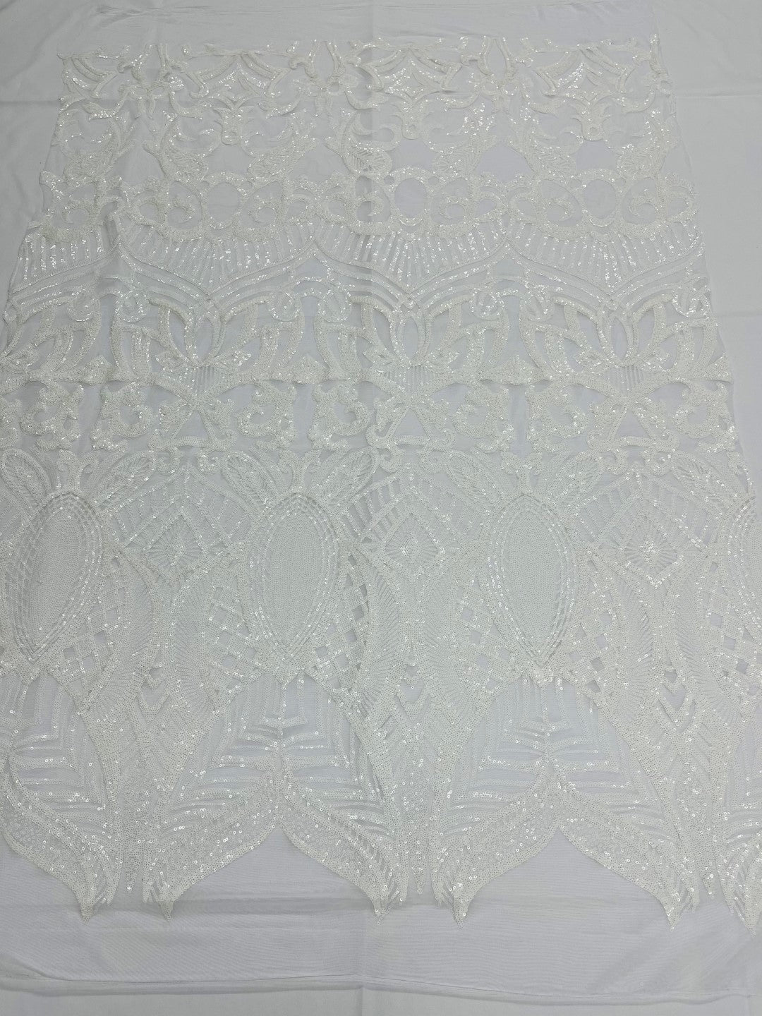 White Sequin - 4 Way Stretch Embroidered Royalty Sequins Fancy Design