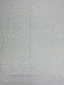 White Sequin - 4 Way Stretch Embroidered Royalty Sequins Fancy Design Fabric By Yard