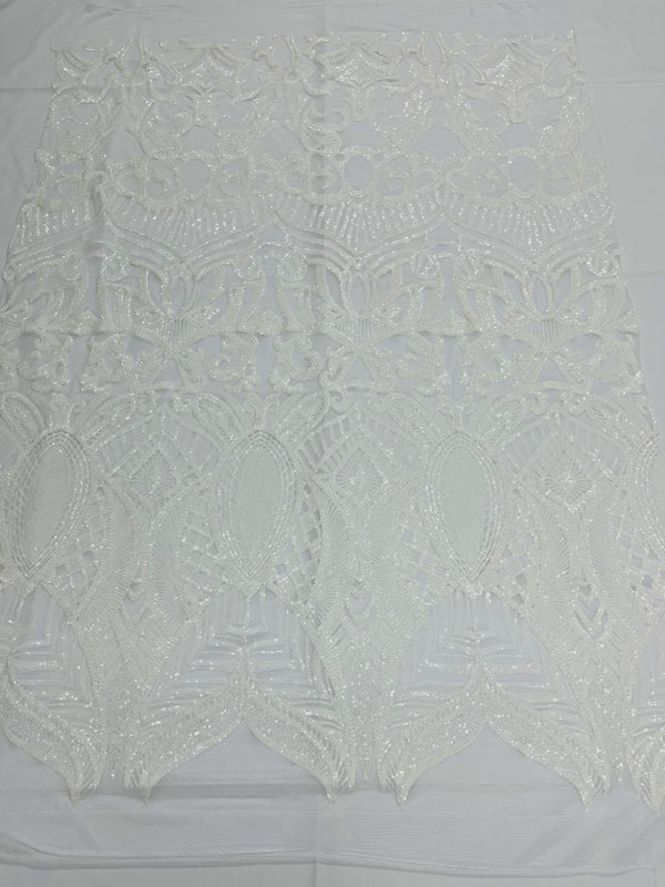 White Sequin - 4 Way Stretch Embroidered Royalty Sequins Fancy Design Fabric By Yard
