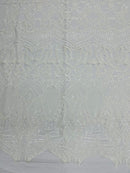 White Sequin - 4 Way Stretch Embroidered Royalty Sequins Fancy Design Fabric By Yard