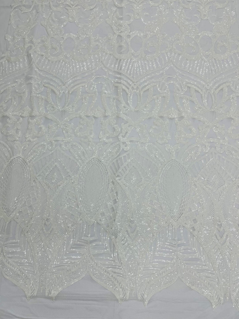 White Sequin - 4 Way Stretch Embroidered Royalty Sequins Fancy Design Fabric By Yard