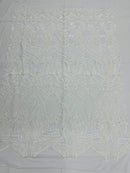 White Sequin - 4 Way Stretch Embroidered Royalty Sequins Fancy Design Fabric By Yard