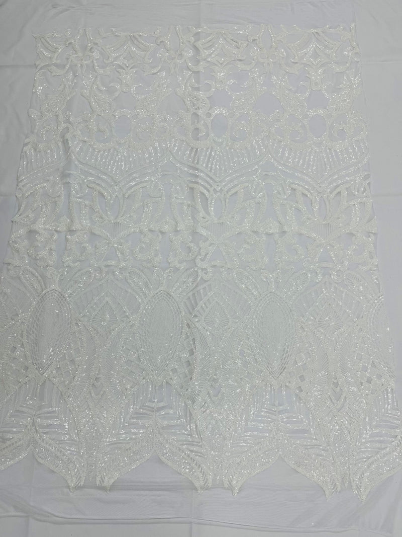 White Sequin - 4 Way Stretch Embroidered Royalty Sequins Fancy Design Fabric By Yard