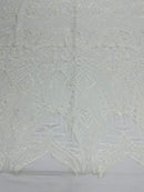 White Sequin - 4 Way Stretch Embroidered Royalty Sequins Fancy Design Fabric By Yard