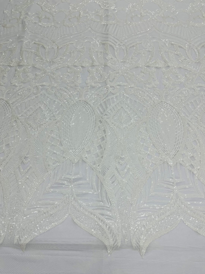 White Sequin - 4 Way Stretch Embroidered Royalty Sequins Fancy Design Fabric By Yard