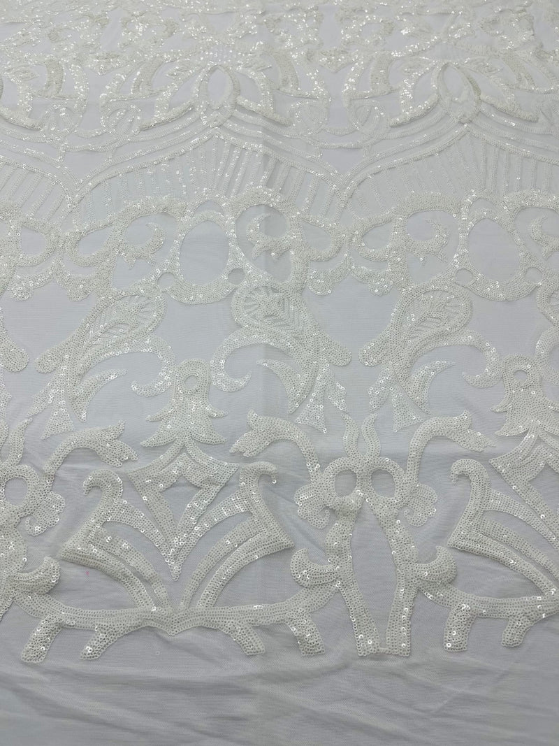 White Sequin - 4 Way Stretch Embroidered Royalty Sequins Fancy Design Fabric By Yard