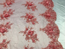 Beautiful - Coral - Embroidered 3D Flower Fabric with Pearls and Rhinestones  Sold by The Yard