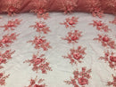 Beautiful - Coral - Embroidered 3D Flower Fabric with Pearls and Rhinestones  Sold by The Yard