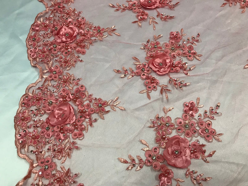 Beautiful - Coral - Embroidered 3D Flower Fabric with Pearls and Rhinestones  Sold by The Yard
