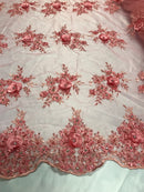 Beautiful - Coral - Embroidered 3D Flower Fabric with Pearls and Rhinestones  Sold by The Yard