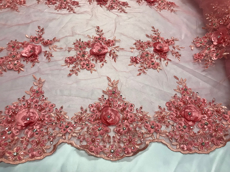 Beautiful - Coral - Embroidered 3D Flower Fabric with Pearls and Rhinestones  Sold by The Yard