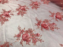 Beautiful - Coral - Embroidered 3D Flower Fabric with Pearls and Rhinestones  Sold by The Yard