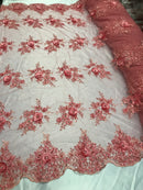 Beautiful - Coral - Embroidered 3D Flower Fabric with Pearls and Rhinestones  Sold by The Yard