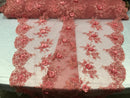 Beautiful - Coral - Embroidered 3D Flower Fabric with Pearls and Rhinestones  Sold by The Yard