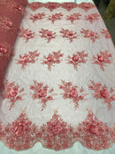 Beautiful - Coral - Embroidered 3D Flower Fabric with Pearls and Rhinestones  Sold by The Yard