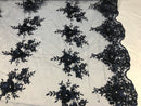 Beautiful - Navy - Embroidered 3D Flower Fabric with Pearls and Rhinestones  Sold by The Yard
