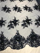 Beautiful - Navy - Embroidered 3D Flower Fabric with Pearls and Rhinestones  Sold by The Yard