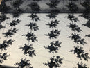 Beautiful - Navy - Embroidered 3D Flower Fabric with Pearls and Rhinestones  Sold by The Yard
