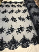 Beautiful - Navy - Embroidered 3D Flower Fabric with Pearls and Rhinestones  Sold by The Yard