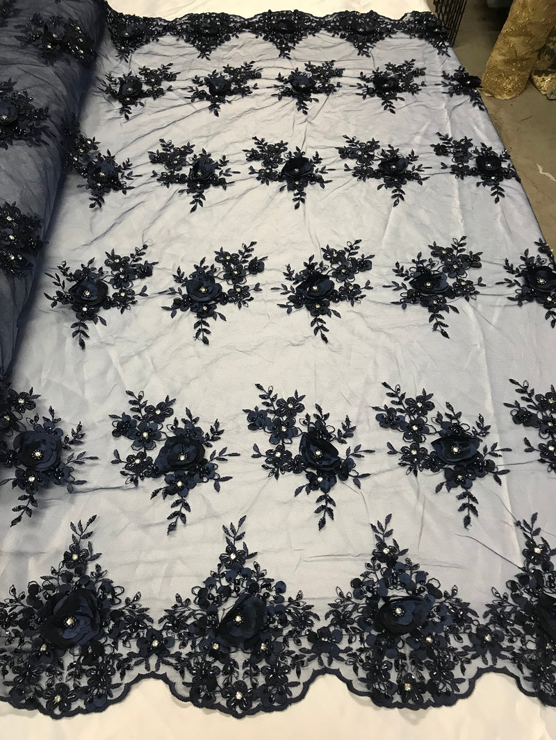 Beautiful - Navy - Embroidered 3D Flower Fabric with Pearls and Rhinestones  Sold by The Yard