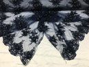 Beautiful - Navy - Embroidered 3D Flower Fabric with Pearls and Rhinestones  Sold by The Yard