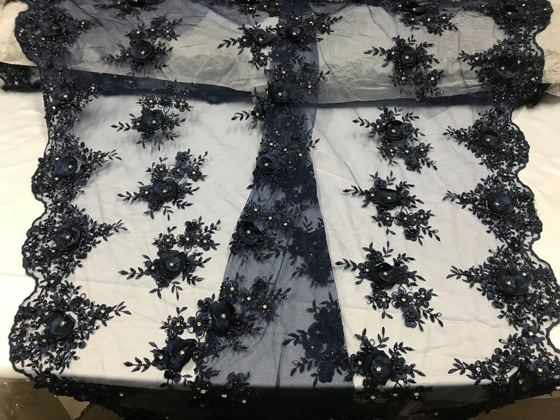 Beautiful - Navy - Embroidered 3D Flower Fabric with Pearls and Rhinestones  Sold by The Yard