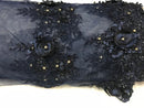 Beautiful - Navy - Embroidered 3D Flower Fabric with Pearls and Rhinestones  Sold by The Yard