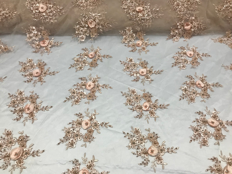 Beautiful - Blush Peach - Embroidered 3D Flower Fabric with Pearls and Rhinestones  Sold by The Yard