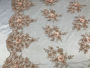 Beautiful - Blush Peach - Embroidered 3D Flower Fabric with Pearls and Rhinestones  Sold by The Yard
