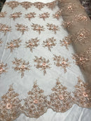 Beautiful - Blush Peach - Embroidered 3D Flower Fabric with Pearls and Rhinestones  Sold by The Yard
