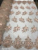 Beautiful - Blush Peach - Embroidered 3D Flower Fabric with Pearls and Rhinestones  Sold by The Yard