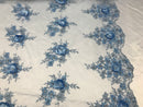 Beautiful - Baby Blue - Embroidered 3D Flower Fabric with Pearls and Rhinestones  Sold by The Yard