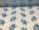 Beautiful - Baby Blue - Embroidered 3D Flower Fabric with Pearls and Rhinestones  Sold by The Yard