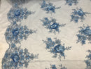 Beautiful - Baby Blue - Embroidered 3D Flower Fabric with Pearls and Rhinestones  Sold by The Yard