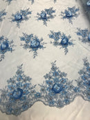 Beautiful - Baby Blue - Embroidered 3D Flower Fabric with Pearls and Rhinestones  Sold by The Yard