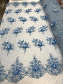 Beautiful - Baby Blue - Embroidered 3D Flower Fabric with Pearls and Rhinestones  Sold by The Yard
