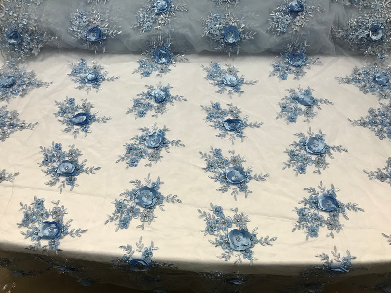 Beautiful - Baby Blue - Embroidered 3D Flower Fabric with Pearls and Rhinestones  Sold by The Yard