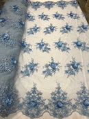 Beautiful - Baby Blue - Embroidered 3D Flower Fabric with Pearls and Rhinestones  Sold by The Yard